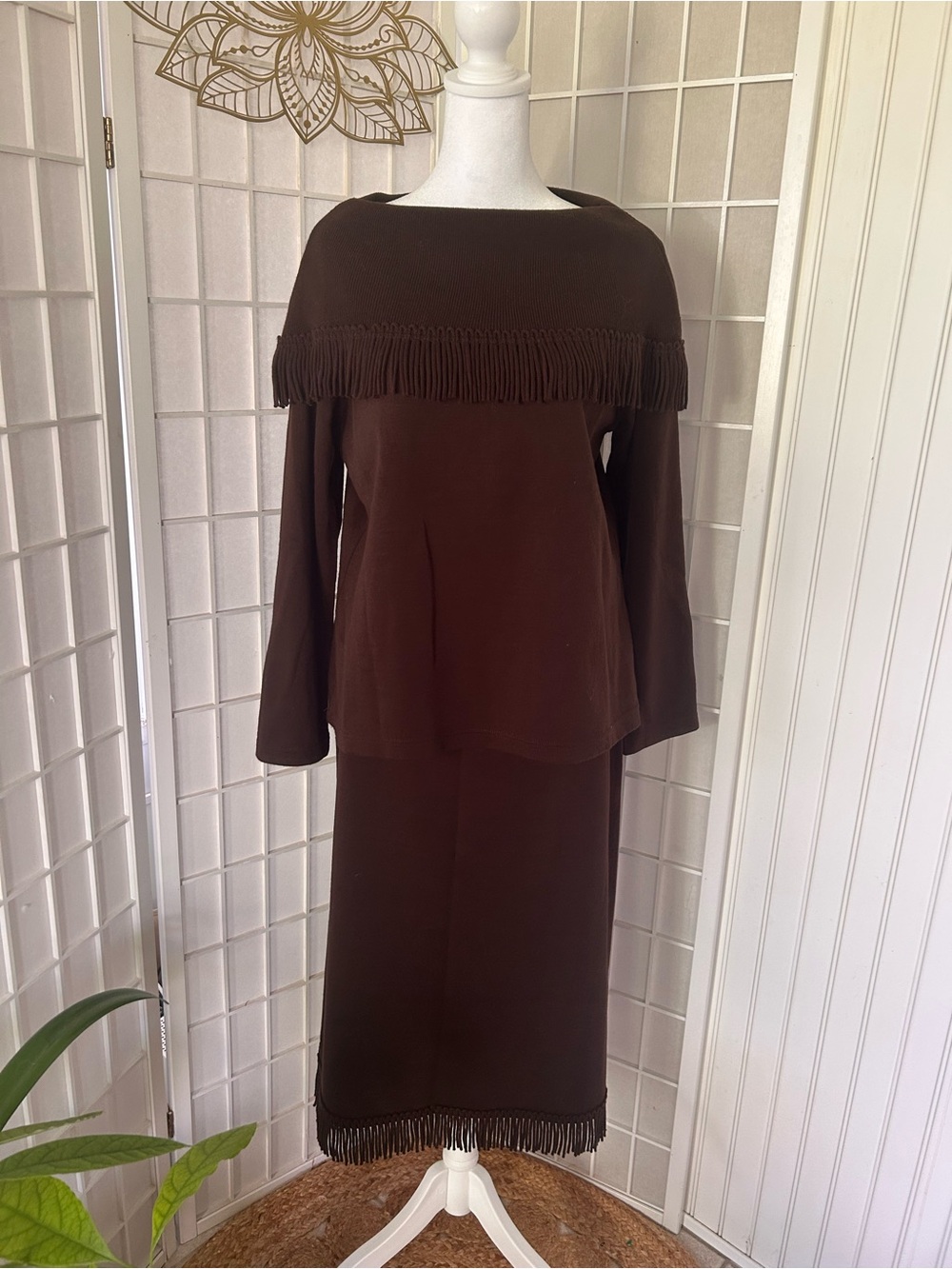 Chocolate Brown Fringe Sweater Skirt Set with Belt | 3-Piece Outfit | Size L